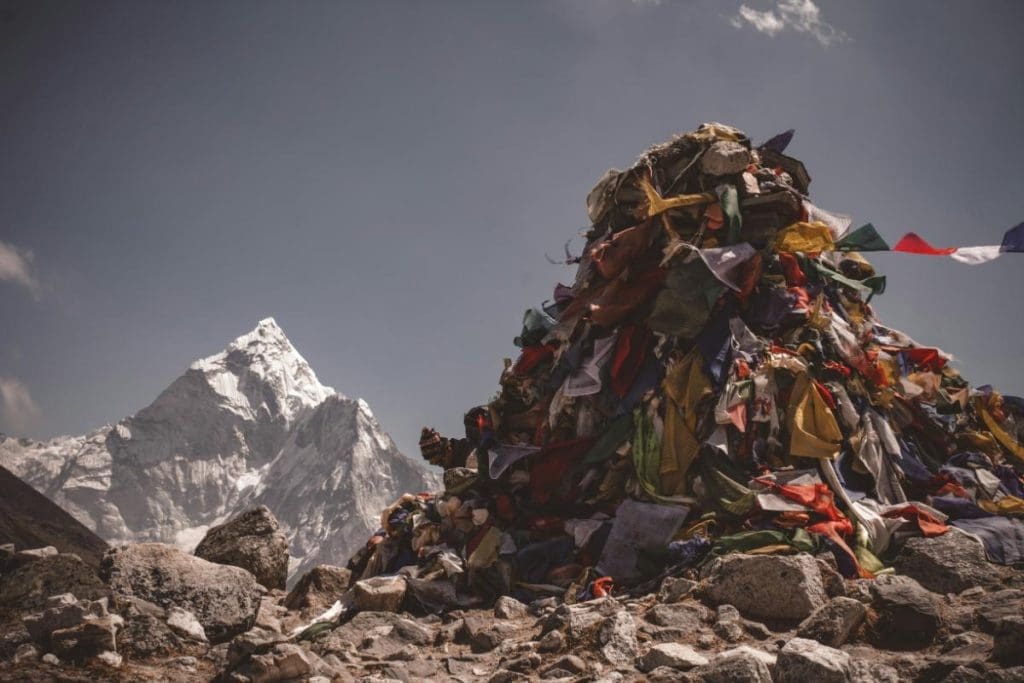 Snowy mountain view at Thorong La Pass in Nepal during a climb to Mount Everest