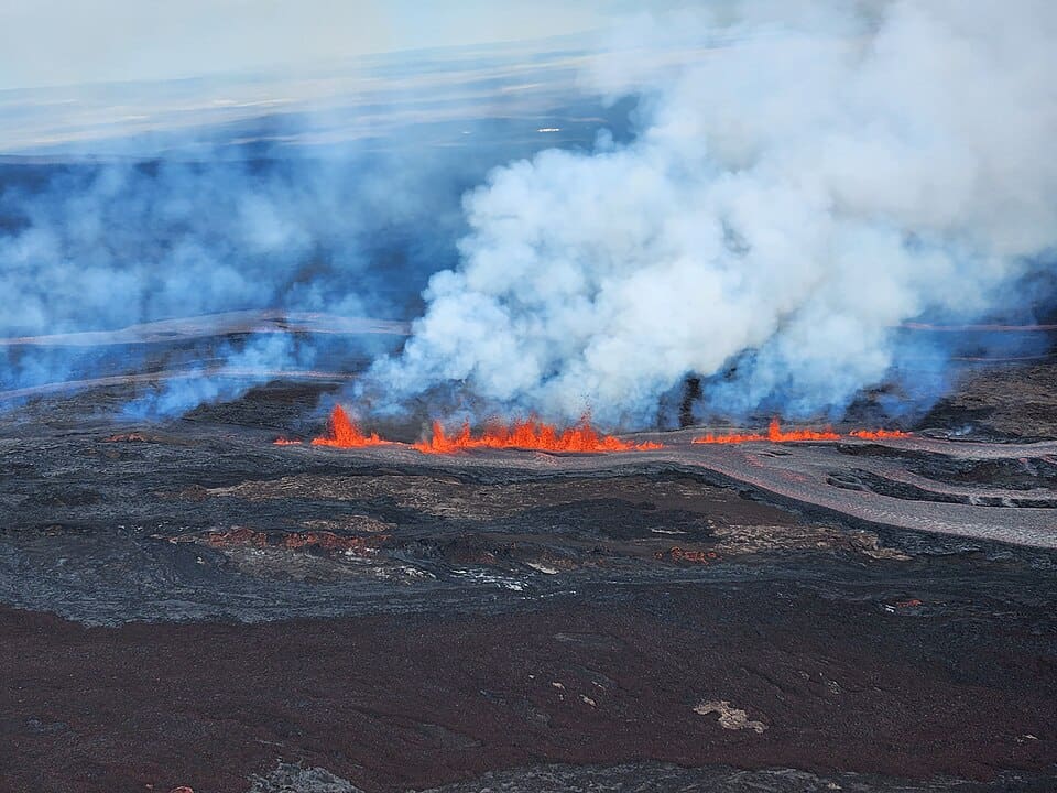 Lava fountains erupting from Mauna Loa, the largest volcano in the world