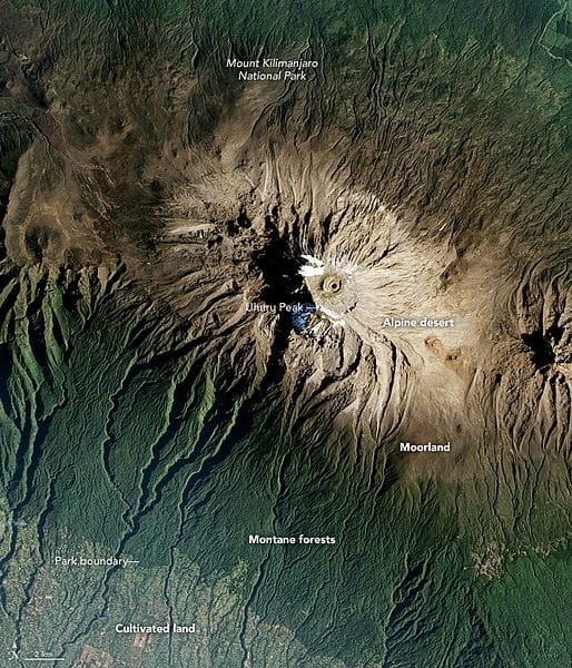 Aerial view of Mount Kilimanjaro from space, showing its summit and slopes.