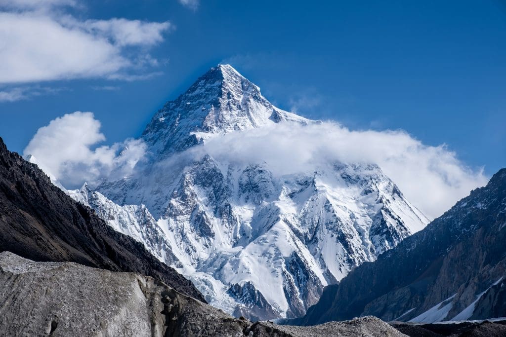 Snow-capped K2 peak against a clear sky.