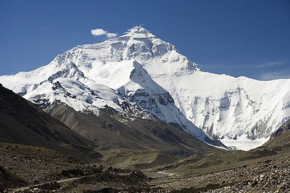 Panoramic scene of Mount Everest’s icy northern face