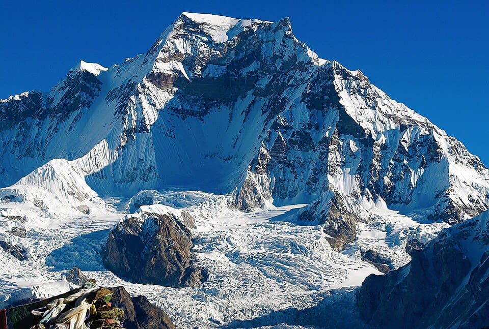 Snow-clad Gyachung Kang peak in the Nepalese Himalayas.