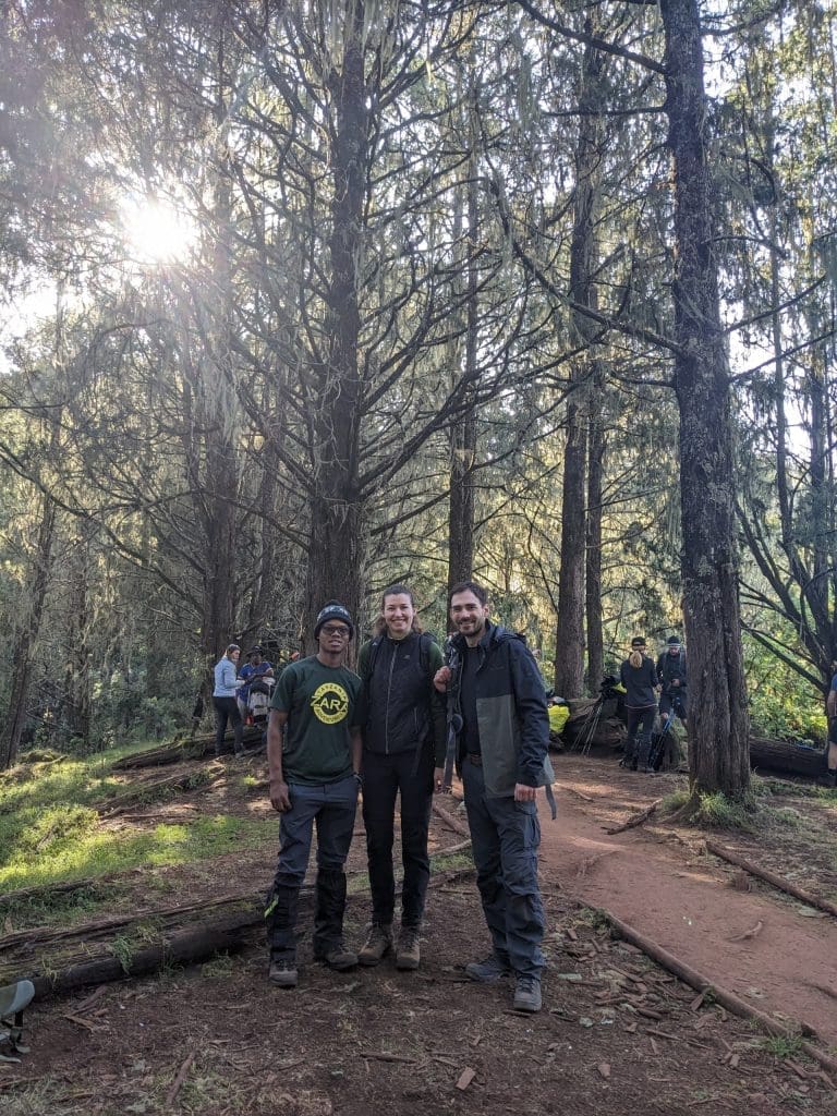 Zara Tanzania Adventures guide with two climbers on the Lemosho Route of Mount Kilimanjaro in the montane forest zone.